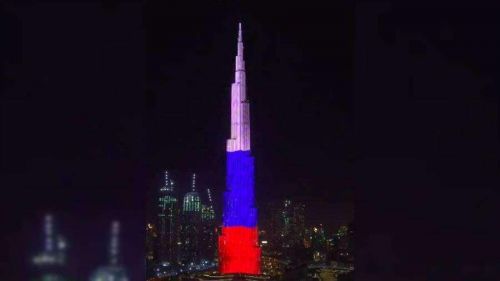 Burj Khalifa skyscraper - in the colors of the Russian flag — video